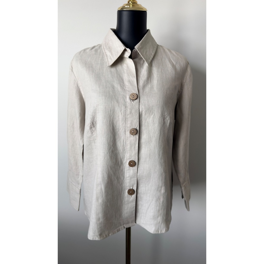 Chadwicks Womens Beige 100% Linen Button Down Shirt Long Sleeve Size 14